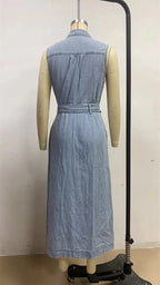Trendy Women's Summer Lace up Denim Dresses Sleevess Single Breasted Long Dress Female Vintage Washed Casual Beach Streetwear