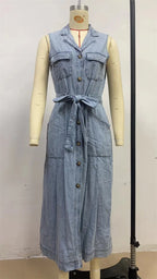 Trendy Women's Summer Lace up Denim Dresses Sleevess Single Breasted Long Dress Female Vintage Washed Casual Beach Streetwear