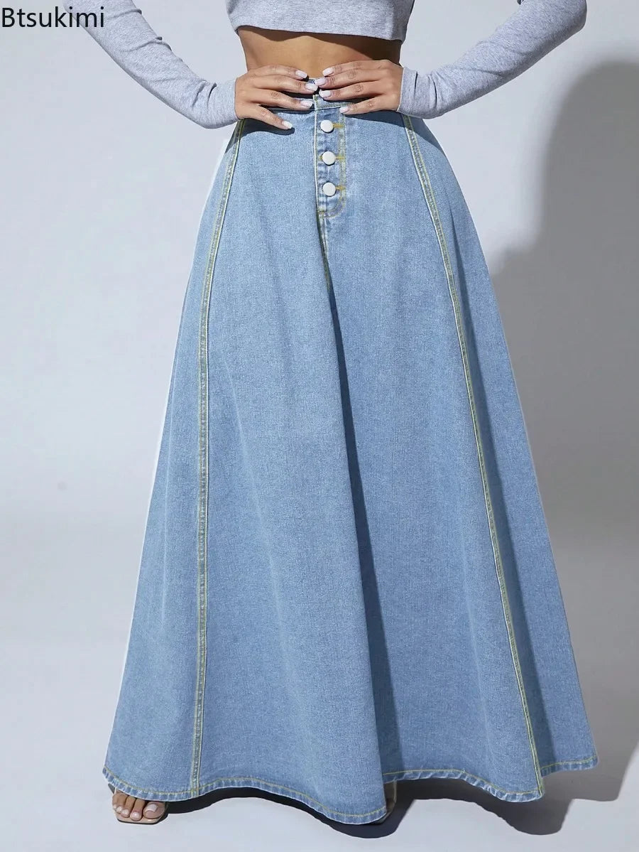 2026 Women's Fashion Denim Skirt Single-breasted Design High Waist A-line Maxi Skirt Vintage Casual Jeans Skirt Women Streetwear