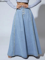 2026 Women's Fashion Denim Skirt Single-breasted Design High Waist A-line Maxi Skirt Vintage Casual Jeans Skirt Women Streetwear