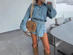 2025 Women's New Denim Asymmetrical Midi Two-Piece Pant Skirt Set
