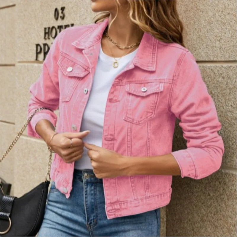 Women's Denim Jacket New Lapel Solid Button Down Chest Pocket Spring Autumn Streetwear Casual Jean Jacke Coat Woman Outerwear