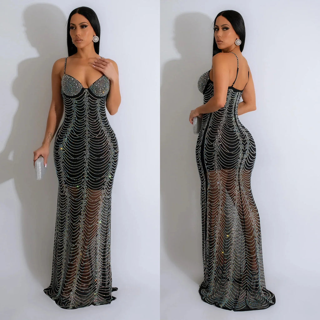 CM.YAYA Spring 2024 Sexy Mesh Rhinestone See Through Sleeveless V-Neck Sexy Birthday Evening Party Dress Long Strap Maxi Dresses