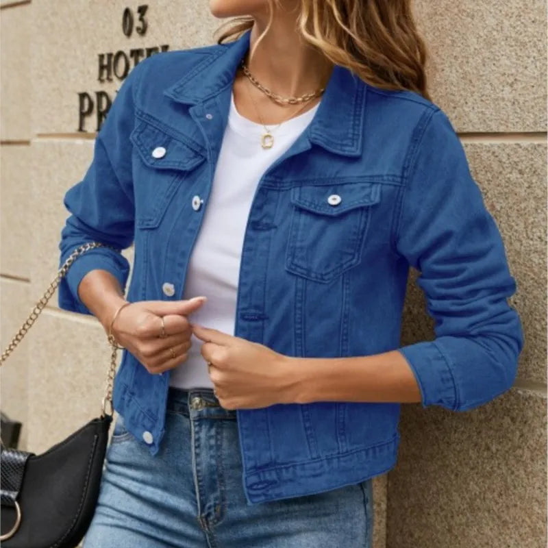 Women's Denim Jacket New Lapel Solid Button Down Chest Pocket Spring Autumn Streetwear Casual Jean Jacke Coat Woman Outerwear