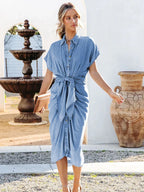 Summer For Women's Denim Blue Shirt Dress Vintage Fashion Button Lapel Wrinkle Lace Up Slim Elegant Female Denim Mid Long Dress